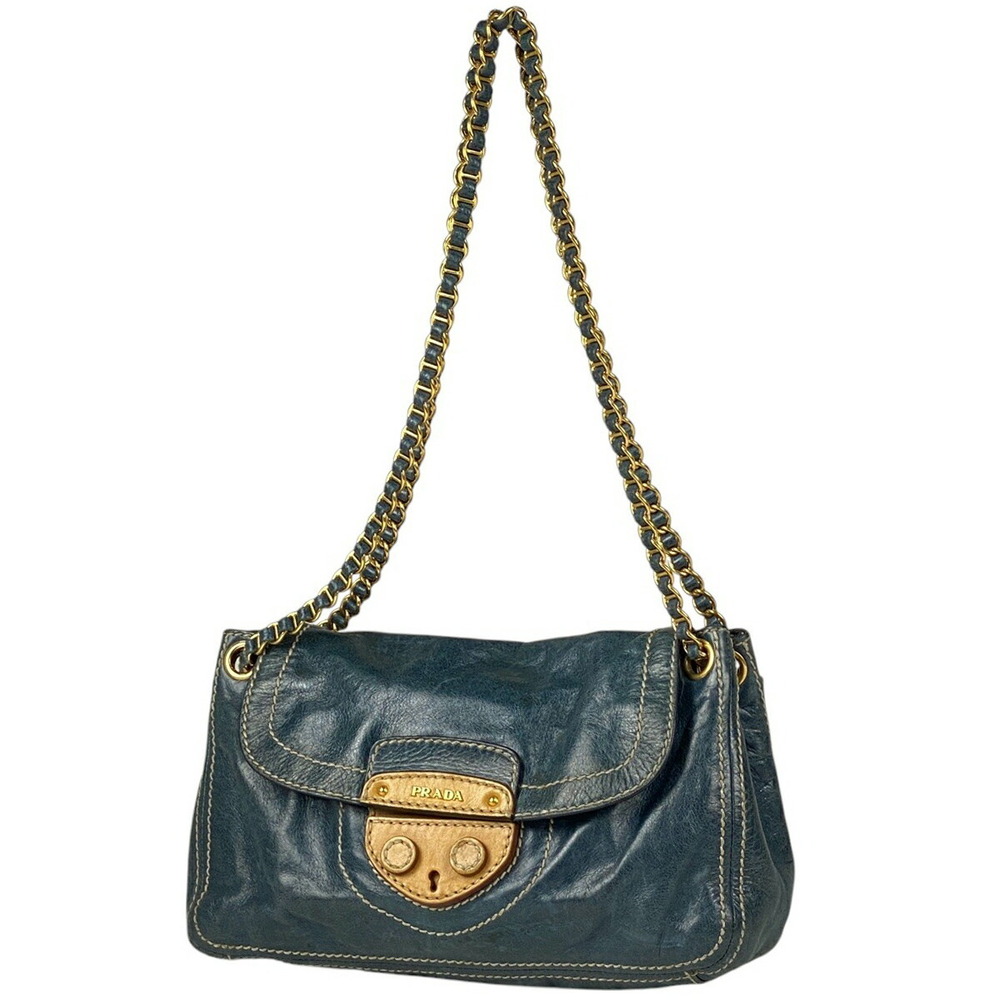 Prada Logo Chain Shoulder Bag Leather Blue